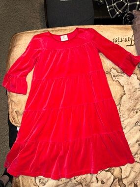 🖤HANNA ANDERSSON 2010 RED VELOUR TIERED RUFFLE DRESS SIZE 140 (10))🖤